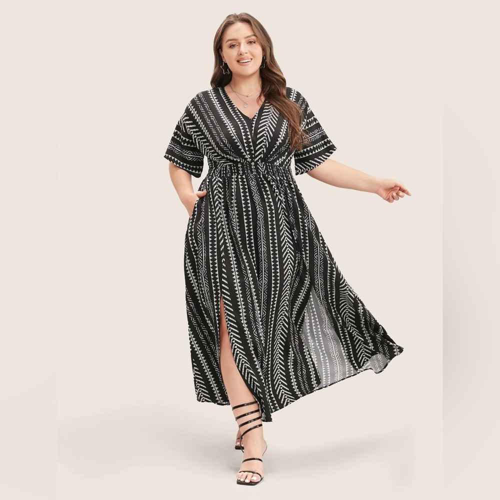 Solid Geometric Dolman Sleeve Pocket Shirred Split Hem Dress